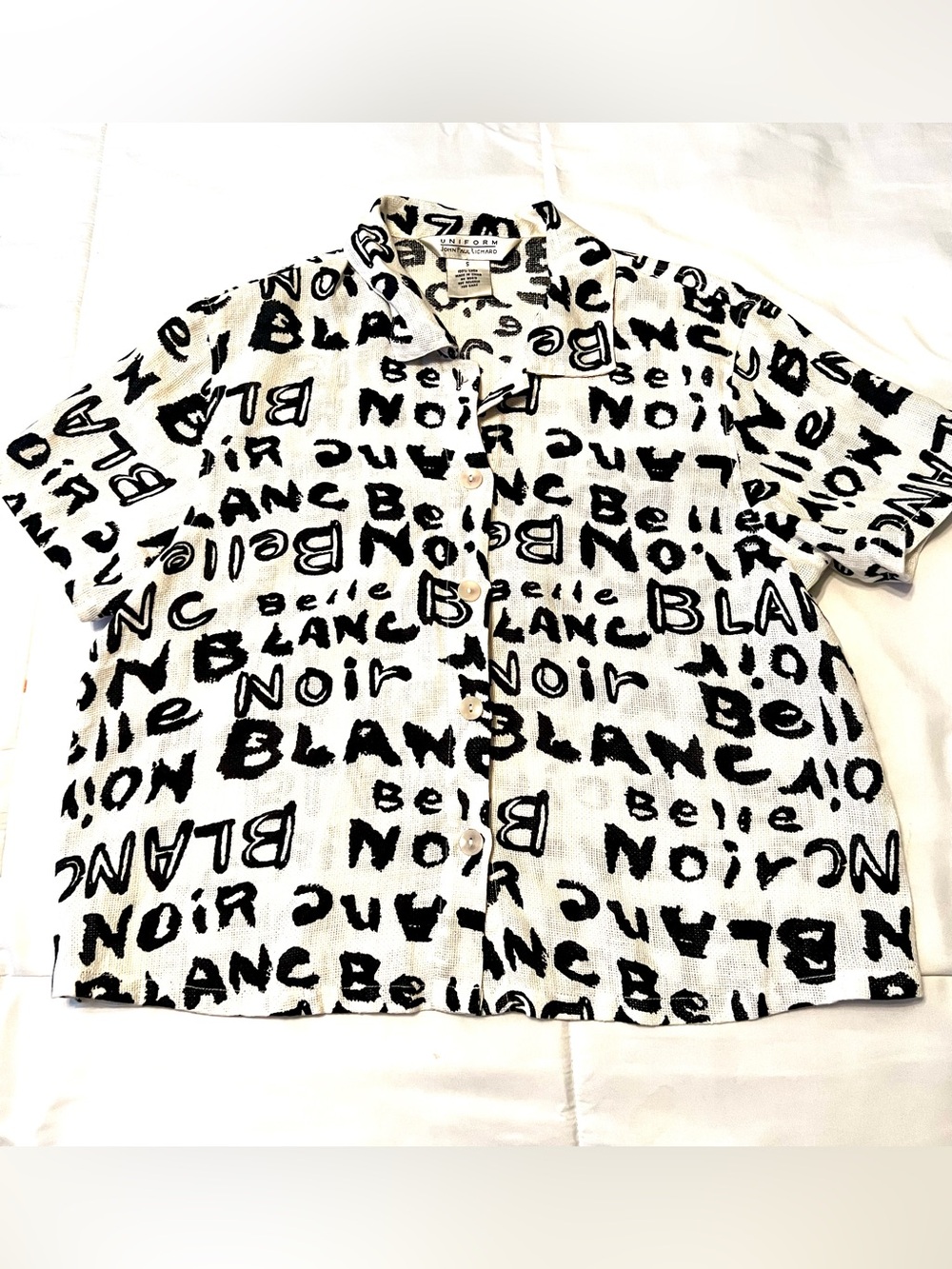 JohnPaulRichard‎ White 100% Linen Contemporary Shirt w/Black Script Print-Small